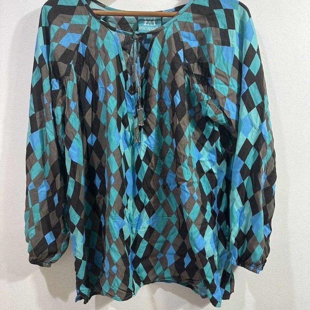 ESCAPADA Tunic Moroccan Style 3/4 Sleeve Women Multi-Color Diamond Pattern Sz XL